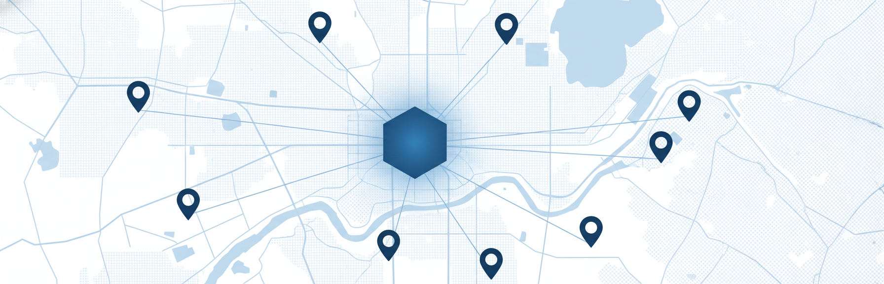 Map showing multiple business locations connected to a central hub across US cities