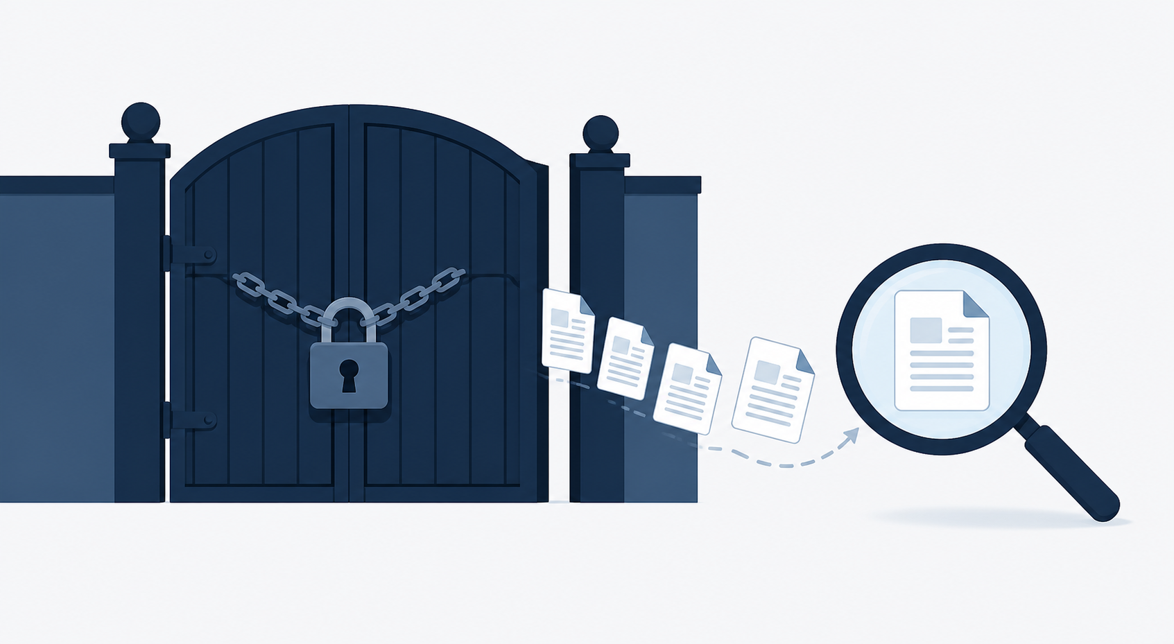 A padlocked gate with document icons leaking past it toward a magnifying glass, illustrating pages leaking into a search index despite being blocked