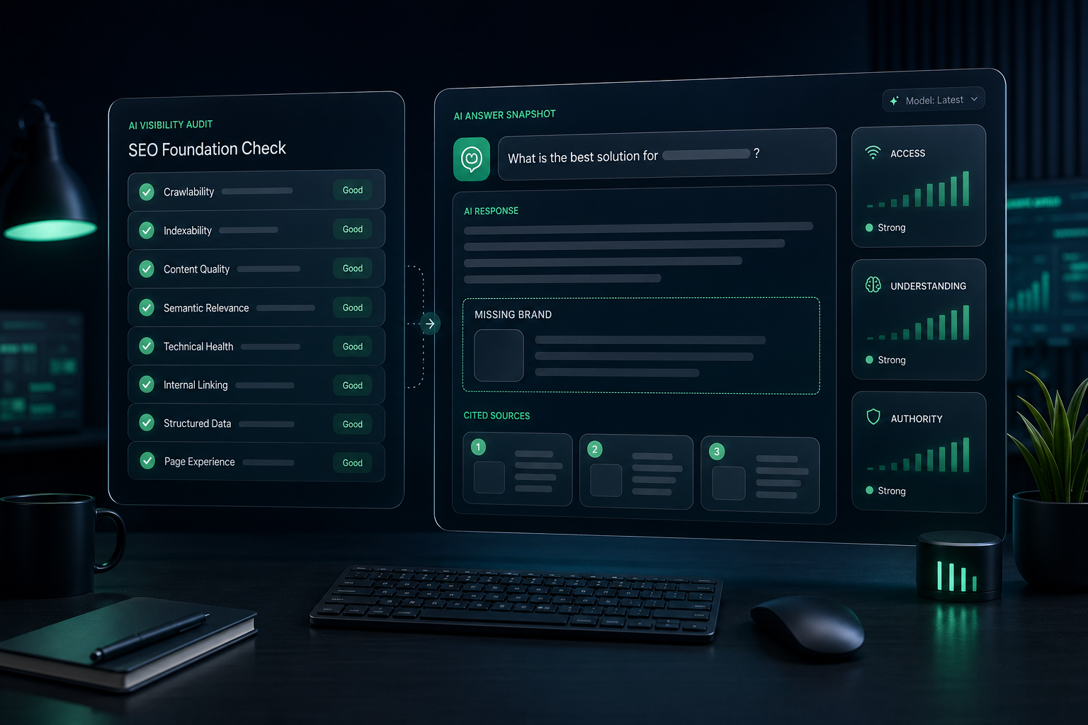 SEO audit dashboard showing green checks beside an AI answer panel where the brand is missing