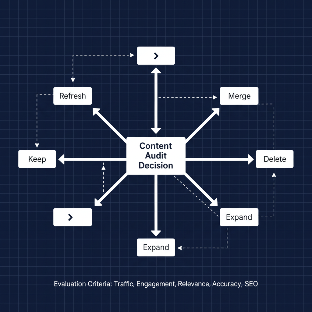 SEO content audit decision map showing five decisions: Keep, Refresh, Merge, Expand, Delete