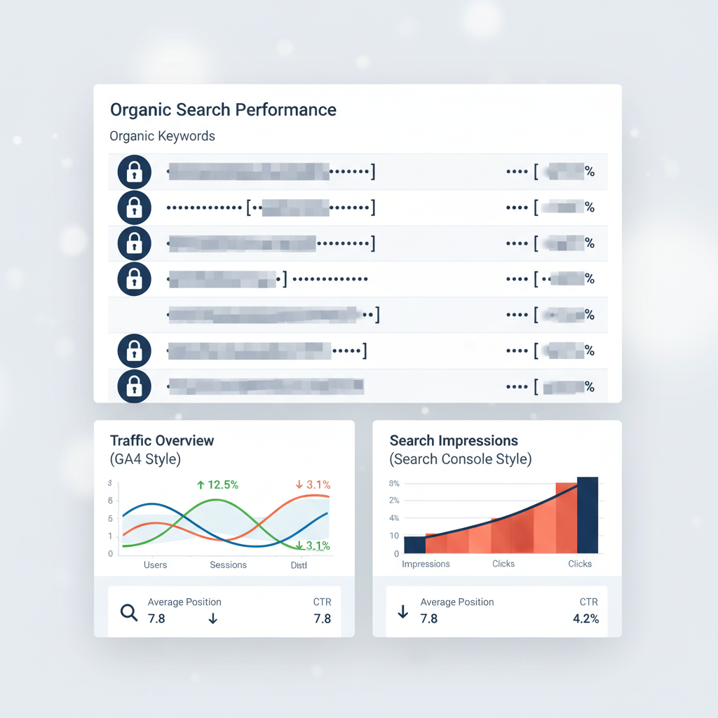 GA4 dashboard concept showing hidden organic keywords and Search Console query recovery workflow