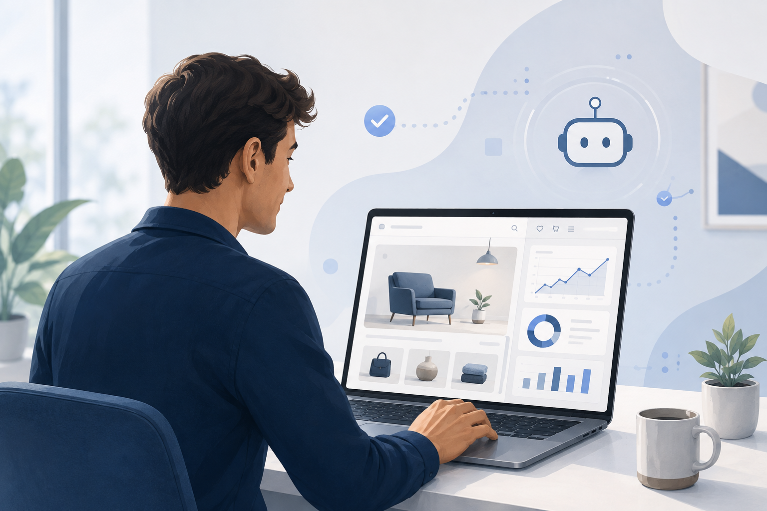 Person reviewing a Shopify store's AI visibility checklist on a laptop