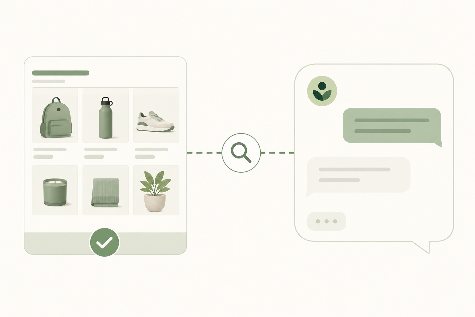 Split illustration contrasting a Shopify product feed listing with a conversational AI chat recommendation, connected by a measurement icon