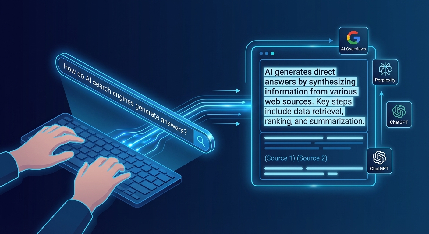 Diagram showing structured content being extracted and cited by AI answer engines including Google AI Overviews and Perplexity