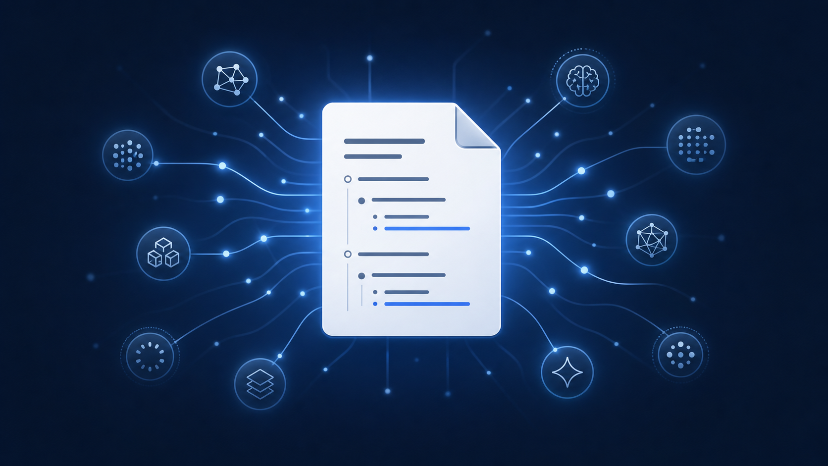 Illustration of an llms.txt Markdown file connecting to AI systems through a network of links