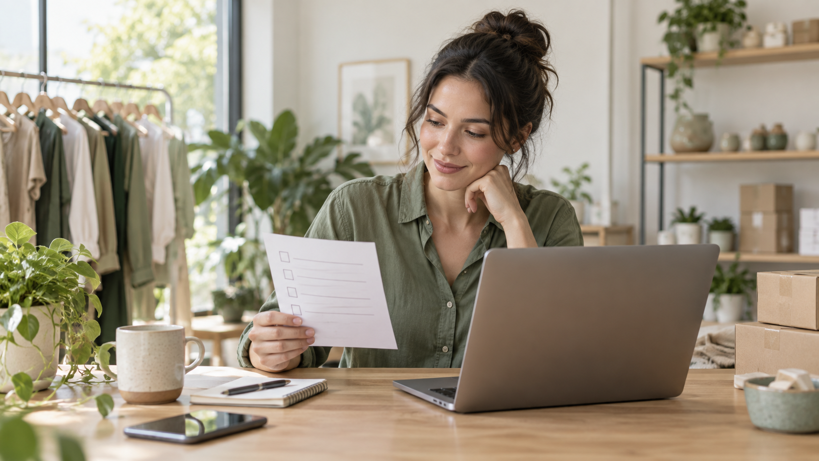 Small Shopify store owner reviewing a decision checklist at a laptop in a bright office