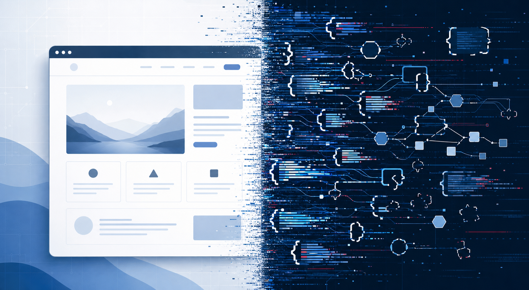 Split illustration showing a normal website page next to a glitching stream of corrupted structured data, representing the gap between what a visitor sees and what AI reads
