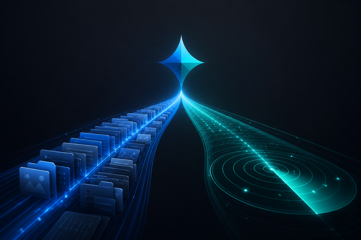 Illustration of two pathways, stored memory and live search, converging on a brand icon, representing recall versus retrieval in AI brand recommendations
