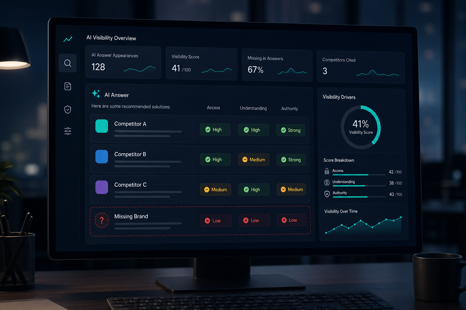 AI answer dashboard showing competitors cited while one brand is missing from ChatGPT results