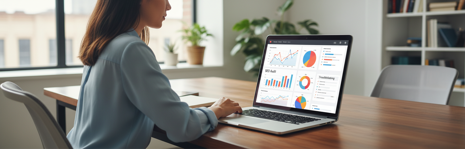 Marketer reviewing an SEO audit dashboard and troubleshooting checklist