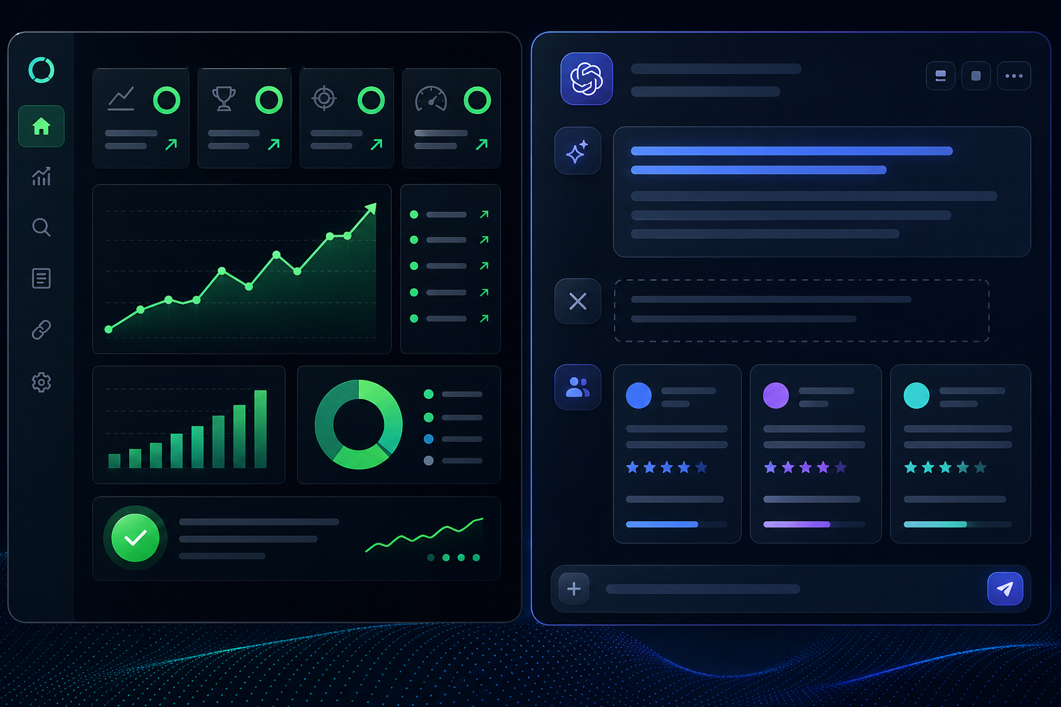 Dashboard showing strong Google rankings beside an AI answer where the brand is missing