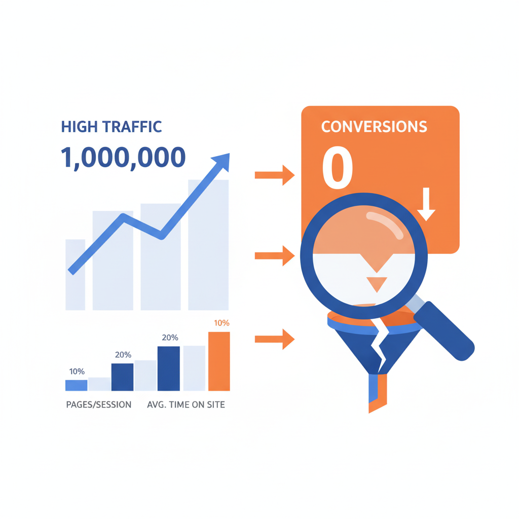 Website analytics dashboard showing high traffic with no conversions and a broken conversion funnel